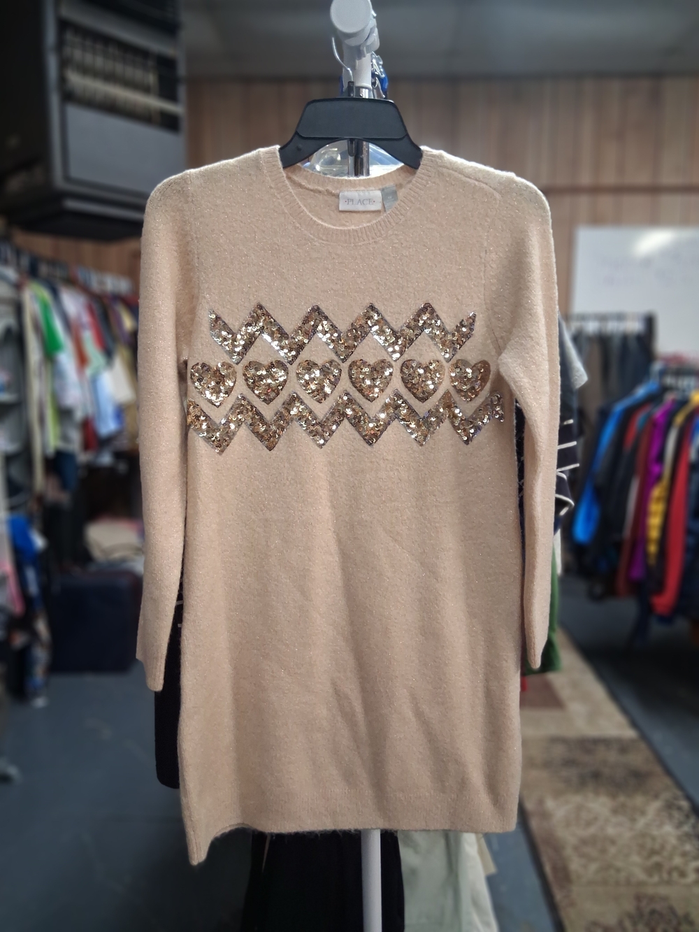 Sequin Heart Chevron Sweater Dress - Beige